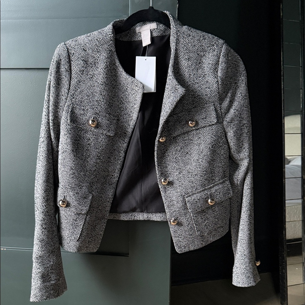 NWT H&M Gray Herringbone Blazer with Gold Buttons
